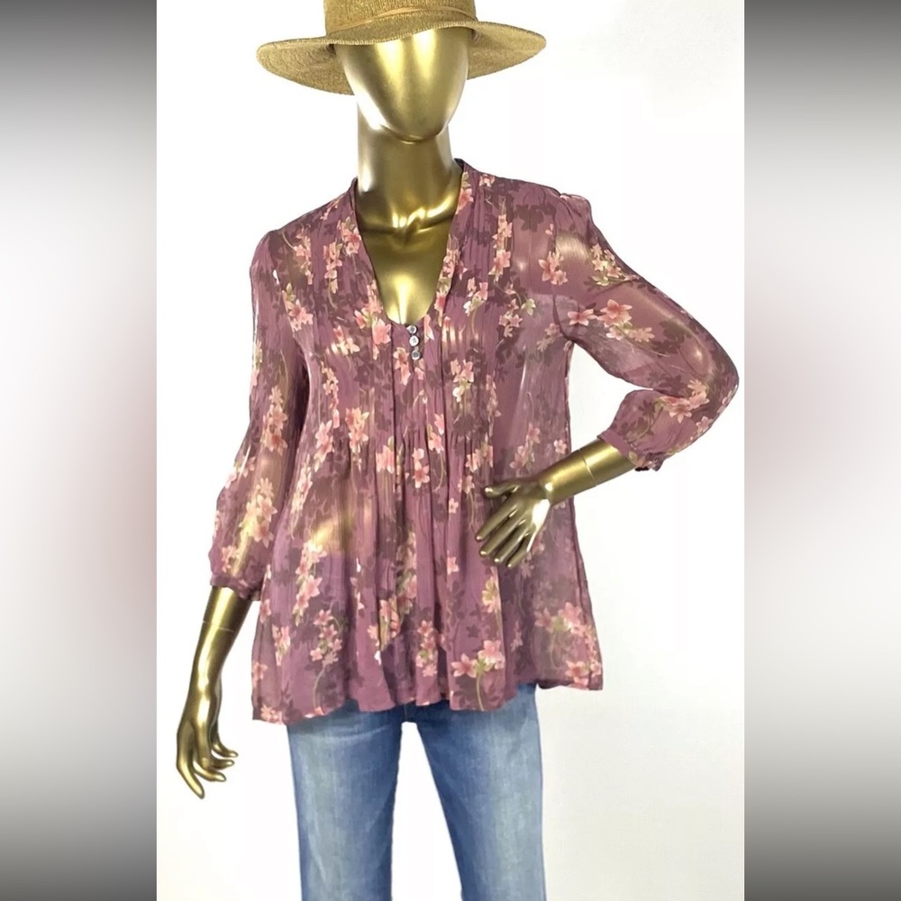 Sundance Catalog Semi Sheer Silk Tie Front Floral Tunic Sz S EUC
